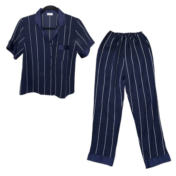 Navy Striped Pajamas Long Sleeve Elastic Waist S - Picture 1 of 9